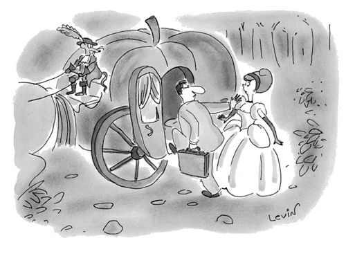 A businessman pushes Cinderella aside and takes the carriage.