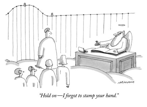 "Hold on—I forgot to stamp your hand."