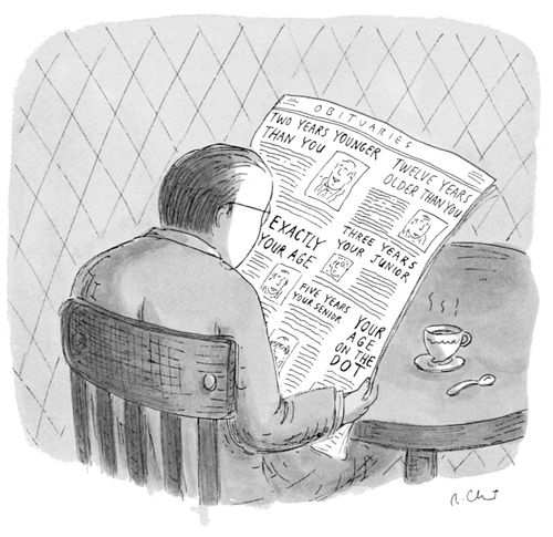 A man reads the obituary and compares his age to the deceased.