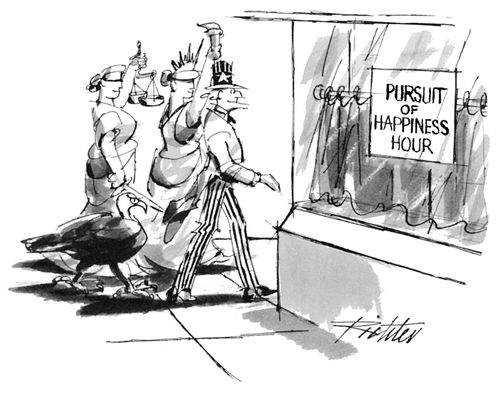Uncle Sam, Lady Liberty and Lady Justice walk into a bar that is advertising a "Pursuit of Happiness Hour" in its front window.