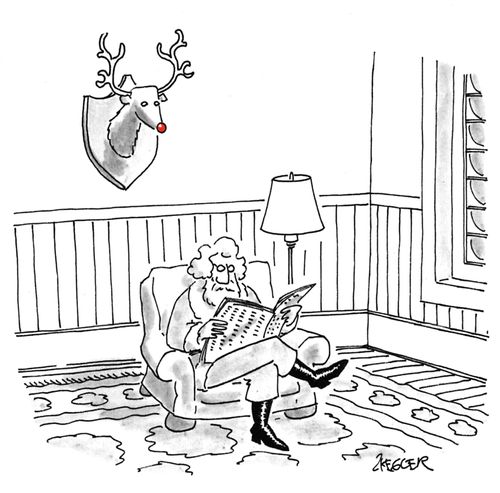 Santa Claus reads a newspaper while Rudolph's head is mounted on a wall behind him.