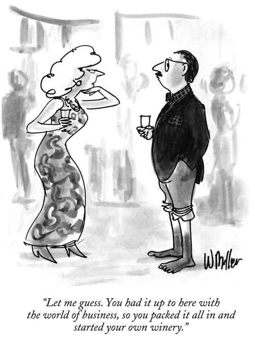 "Let me guess. You had it up to here with the world of business, so you packed it all in and started your own winery."