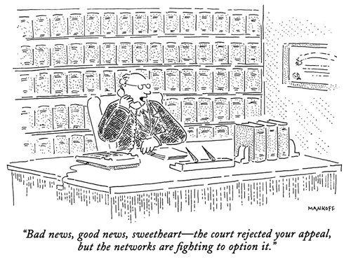 "Bad news, good news, sweetheart - the court rejected your appeal, but the networks are fighting to option it."