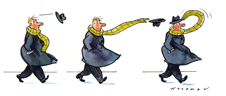 Scarf puts hat back on.