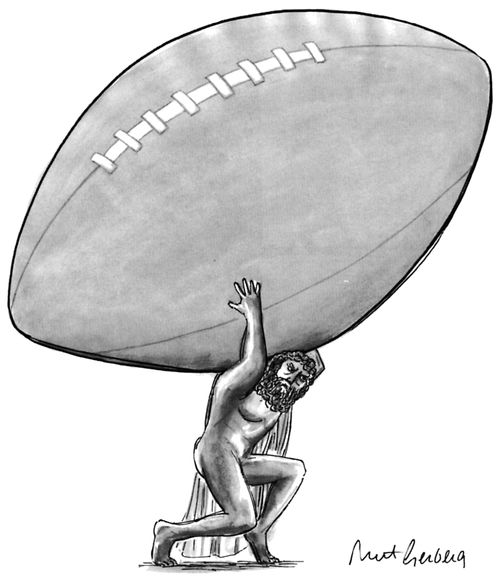 Atlas holds up a football.