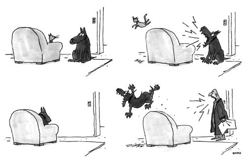 A dog kicks at cat off the couch and then a man kicks the dog off the couch.