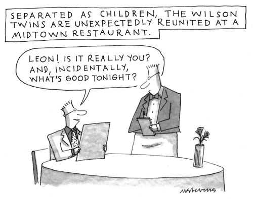 Separated as children, the Wilson twins are unexpectedly reunited at a midtown restaurant.