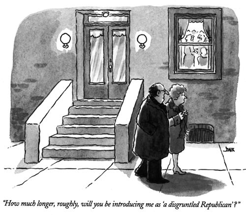 "How much longer, roughly, will you be introducing me as a 'disgruntled Republican'?"