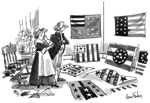Betsy Ross shows George Washington a variety of Stars & Stripes designs