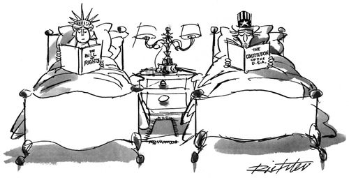 The Statue of Liberty is reading "The Bill of Rights" while Uncle Sam is reading "The Constitution of the U.S.A.".
