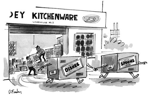 Dishes and spoons run away with each other from a warehouse.