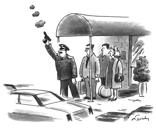 A doorman fires a gun into the air.