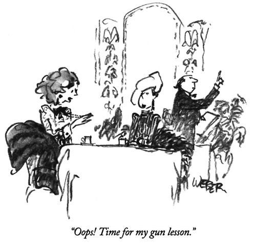 "Oops! Time for my gun lesson."