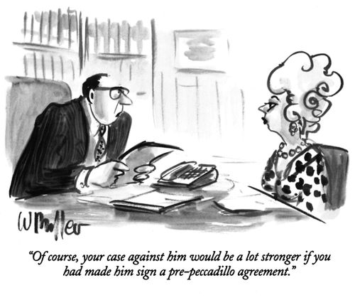 "Of course, your case against him would be a lot stronger if you had made him sign a pre-peccadillo agreement."