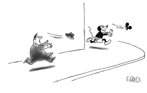 A man and cartoon mouse chase their respective hats.