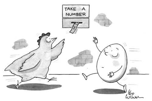 A chicken and an egg racing to take a number to see which one of them will come first.
