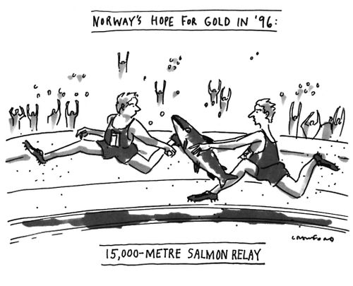 NORWAY'S HOPE FOR GOLD IN '96: 15,000-METER SALMON RELAY.