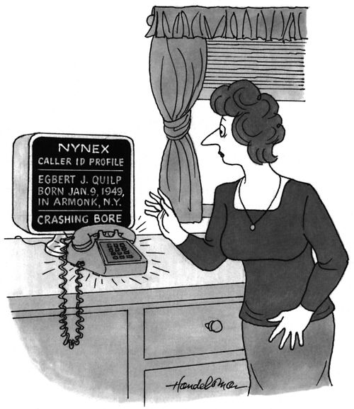 NYNEX Caller ID Profile - Egbert J. Quilp - Born Jan. 9, 1949, in Armonk, N.Y. - Crashing Bore