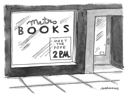 A sign in the front window of a bookstore says "Meet the Pope 2 p.m."