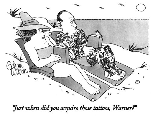 "Just when did you acquire those tattoos, Warner?"