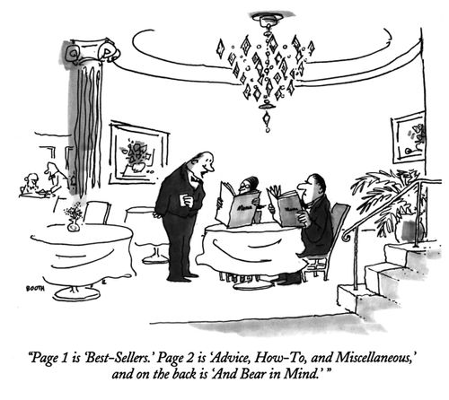 "Page 1 is 'Best-Sellers.' Page 2 is 'Advice, How-To, and Miscellaneous,' and on the back is 'And Bear in Mind.' "