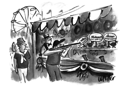 An in amusement park shooting gallery aims at targets labelled Westhampton, Easthampton, & Bridgehampton