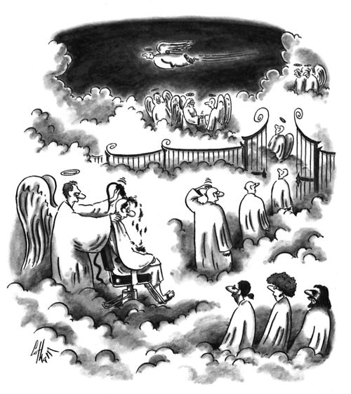 St Peter shaving the heads of angels