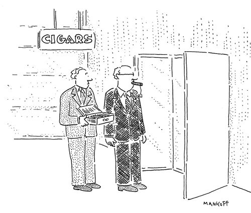 A man tries on different cigars in front of a mirror.