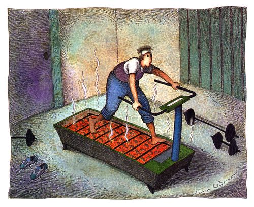 A man walks on a treadmill on hot coals.
