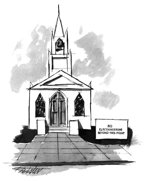 A church with a sign that reads "No electioneering beyond this point".