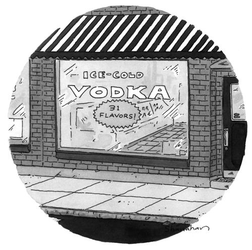 A shop selling "Ice-cold Vodka" in 31 flavors.