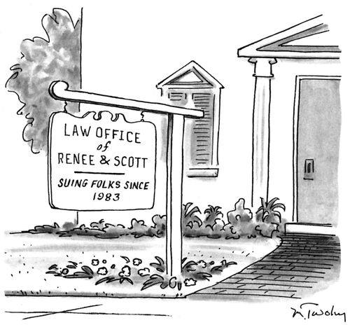 House with a sign out front reading "Law Office of Renee & Scott - Suing folks since 1983".
