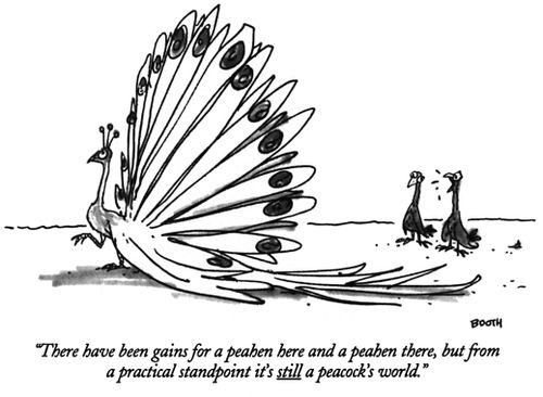 "There have been gains for a peahen here and a peahen there, but from a practical standpoint it's still a peacock's world."