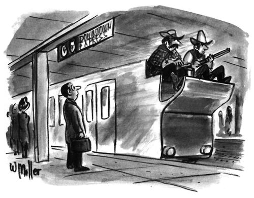 Downtown Express Turned Stagecoach As Two Cowboys Ride On The Front