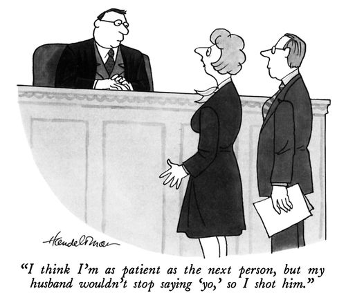 "I think I'm as patient as the next person, but my husband wouldn't stop saying 'yo,' so I shot him."