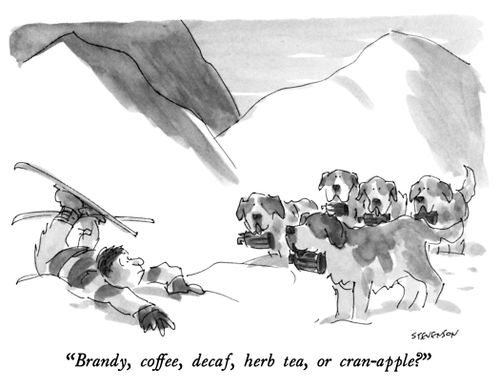"Brandy, coffee, decaf, herb tea, or cran-apple?"