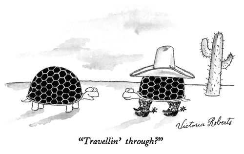 "Travellin' through?"