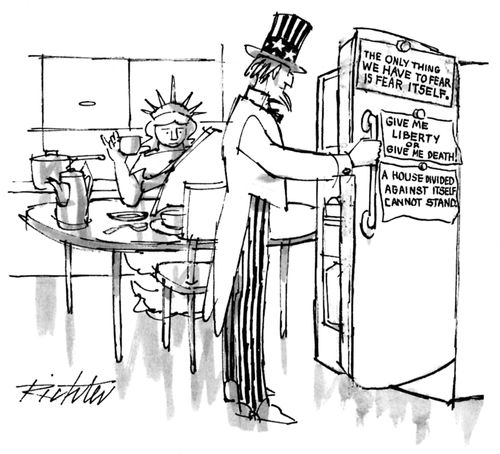 Uncle Sam opens his fridge upon which is stuck various quotes by famous american politicians from the past.