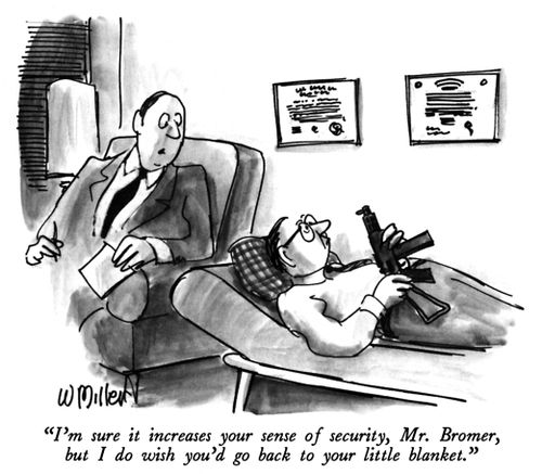 "I'm sure it increases your sense of security, Mr. Bromer, but I do wish you'd go back to your little blanket."