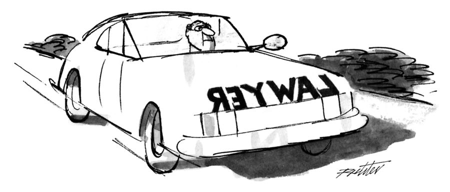 A man drives a car with the word "LAWYER" painted backwards on the front hood so that it can be read in the rear-view mirrors of other cars.