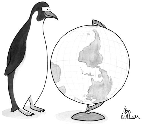 A penguin keeps a globe upside-down.