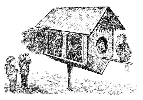 Birdwatchers looking at a birdhouse filled with houseplants.