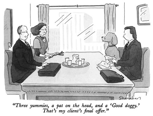 "Three yummies, a pat on the head, and a 'Good doggy.' That's my client's final offer."