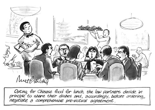 Opting for Chinese food for lunch, the law partners decide in principle to share their dishes and, accordingly, before ordering, negotiate a comprehensive pre-victual agreement.