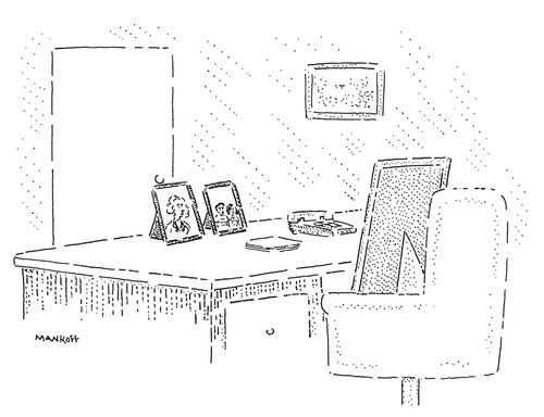 A large frame sits at a desk facing smaller frames.