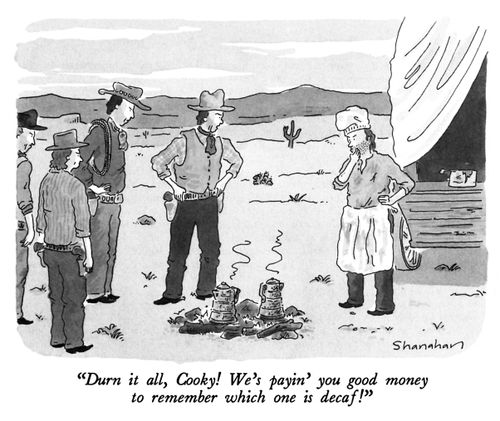 "Durn it all, Cooky! We's payin' you good money to remember which one is decaf!"