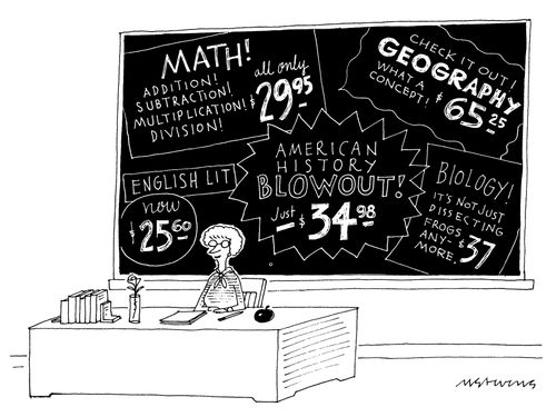 A teacher sits in front of a blackboard that advertises various school subjects as being for sale.