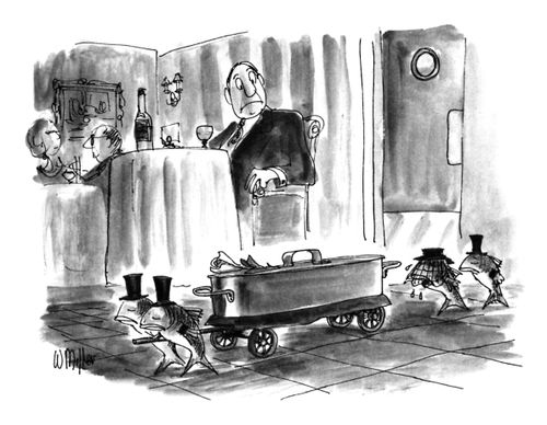 Fish bring a sardine can out in a casket at a fancy restaurant.