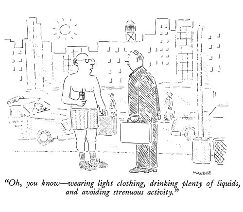 "Oh, you know - wearing light clothing, drinking plenty of liquids, and avoiding strenuous activity."
