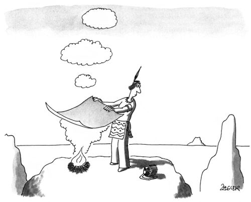 A Native American making smoke signals consults index cards.